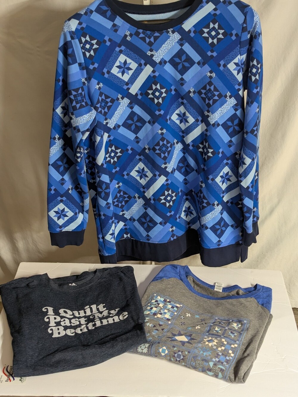 Bundle Lands' End Blue Geometric Quilt Pattern Sweatshirt & 2 graphic Tees